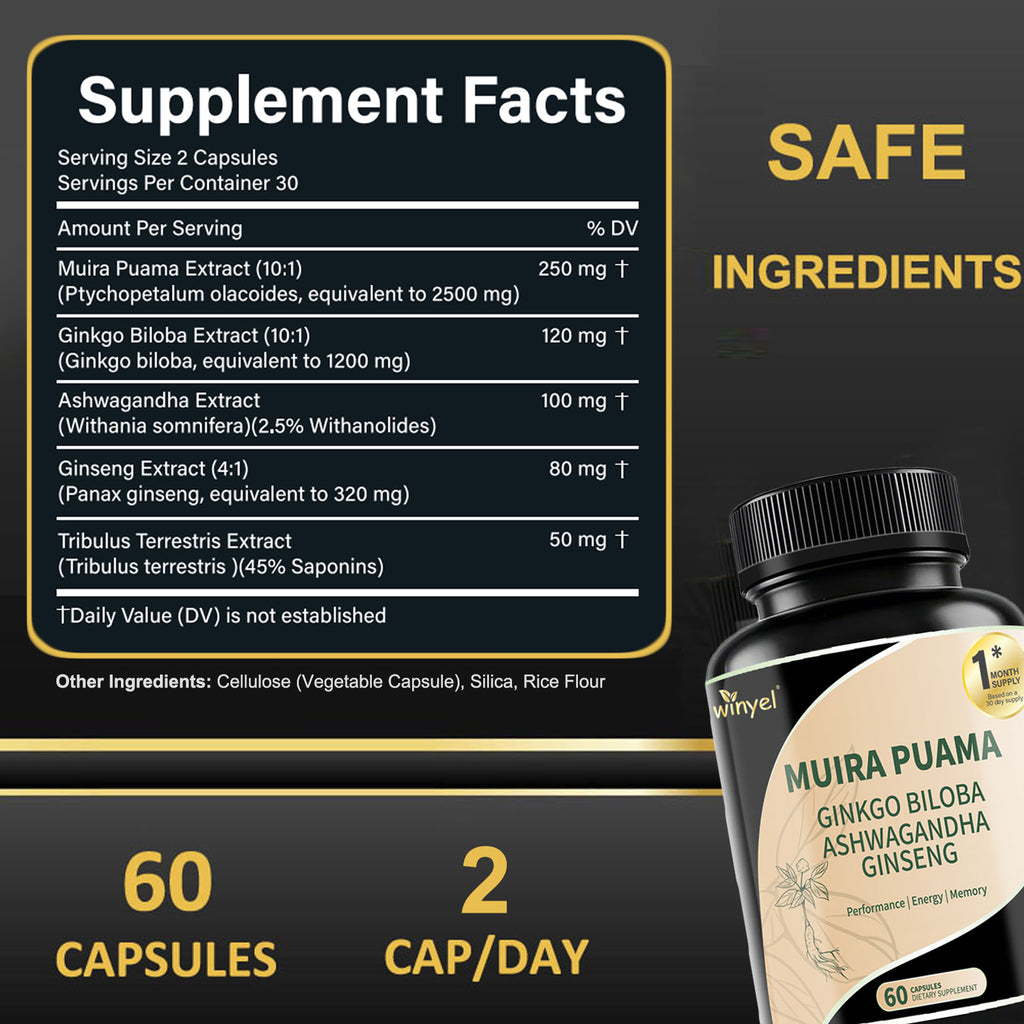 Muira Puama Ginseng Ashwagandha Ginkgo Tribulus Herbal Supplements Unleash Your Potential Through Our Pills Dietary Supplements, Help Promote An Active And Healthy Lifestyle 60 Capsules by Josla