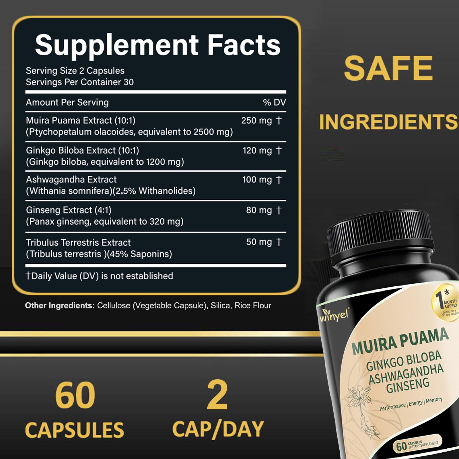 Muira Puama Ginseng Ashwagandha Ginkgo Tribulus Herbal Supplements Unleash Your Potential Through Our Pills Dietary Supplements, Help Promote An Active And Healthy Lifestyle 60 Capsules by Josla
