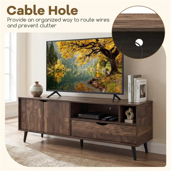 59" Rustic TV Stand For 65-inch TVs, Media Console With Cabinet, Drawer & 3 Open Shelves by Josla