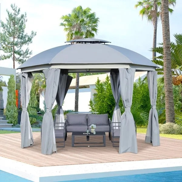 144x144 Inch Round Outdoor Gazebo, Patio Dome Gazebo Canopy Shelter With Double Roof, Netting Sidewalls And Curtains by Josla
