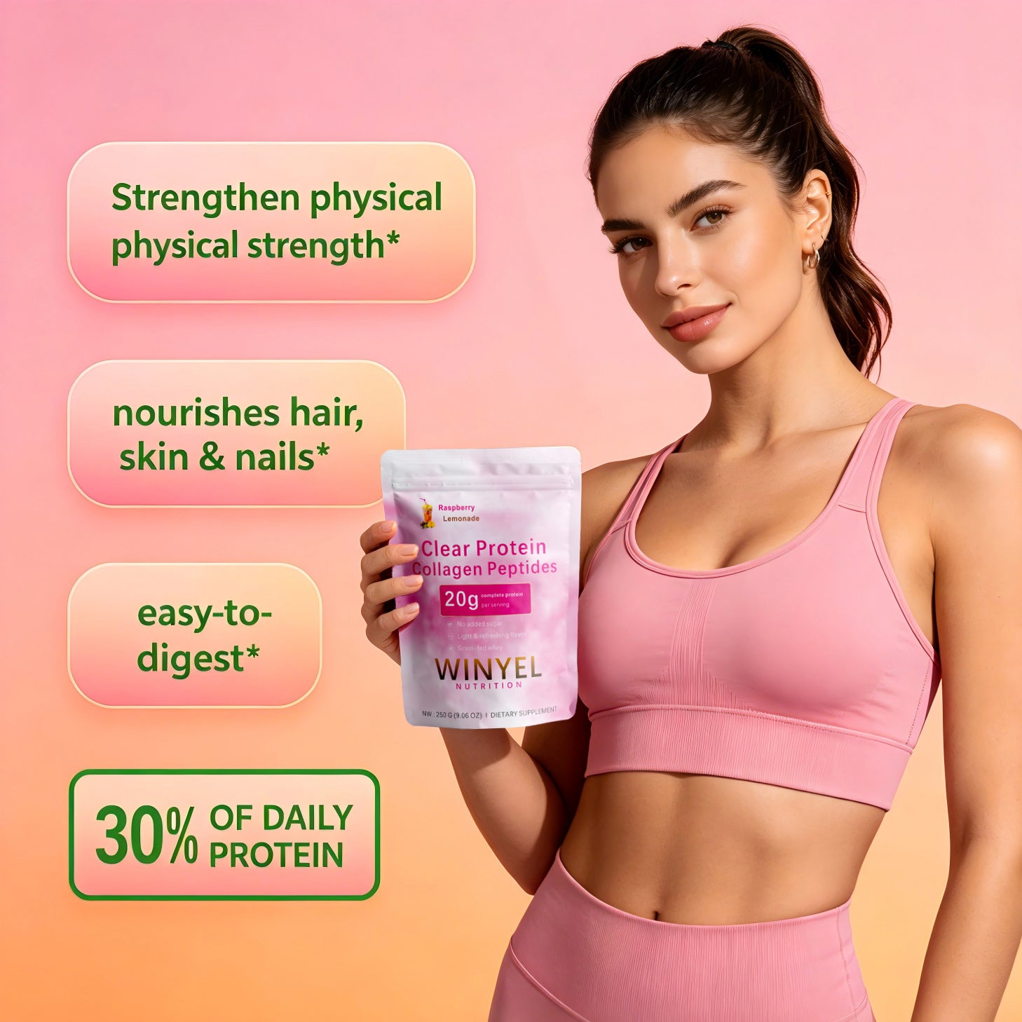 WINYEL Nutrition Clear Protein Collagen Peptides, Raspberry Lemonade, 20g Protein, Zero Sugar, Grass-Fed Whey, 250g by Josla