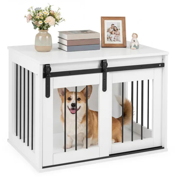 31.5" Dog Crate Furniture With Sliding Barn Door, Wooden Dog Kennel End Table For Indoor Use - White by Josla