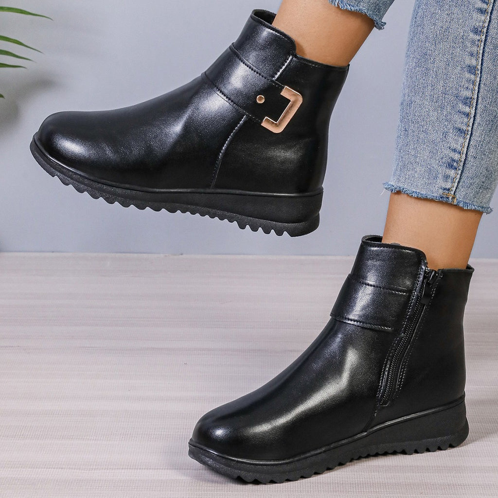 Winter Fleece Boots With Side Zipper Design Fashion Simple Non-slip Ankle Boots For Women Warm Pu Leather Shoes by Josla