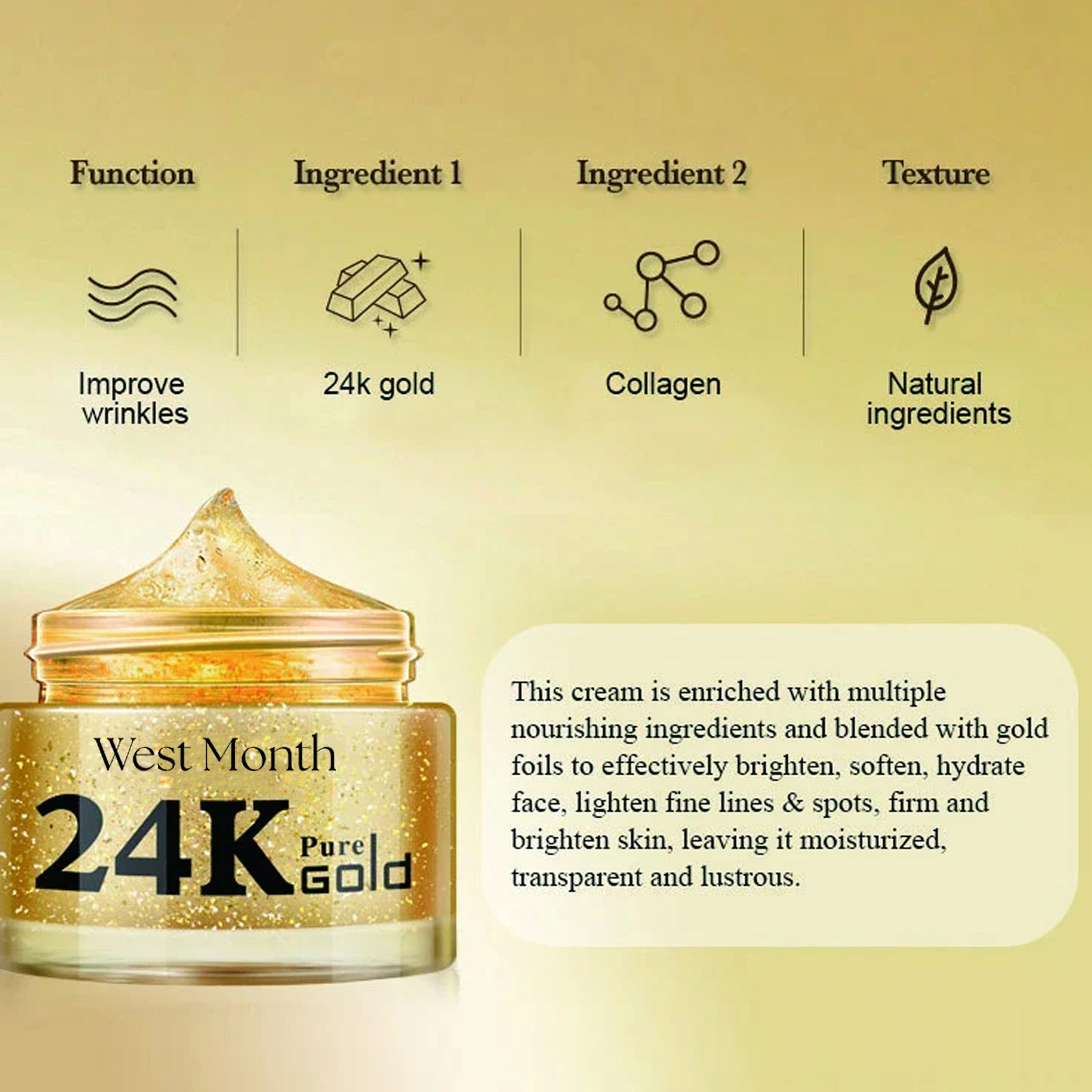 West Month 24k Pure Gold Collagen Face Cream, Lighten Lines Brighten Skin, Firm And Anti-wrinkle Cream by Josla