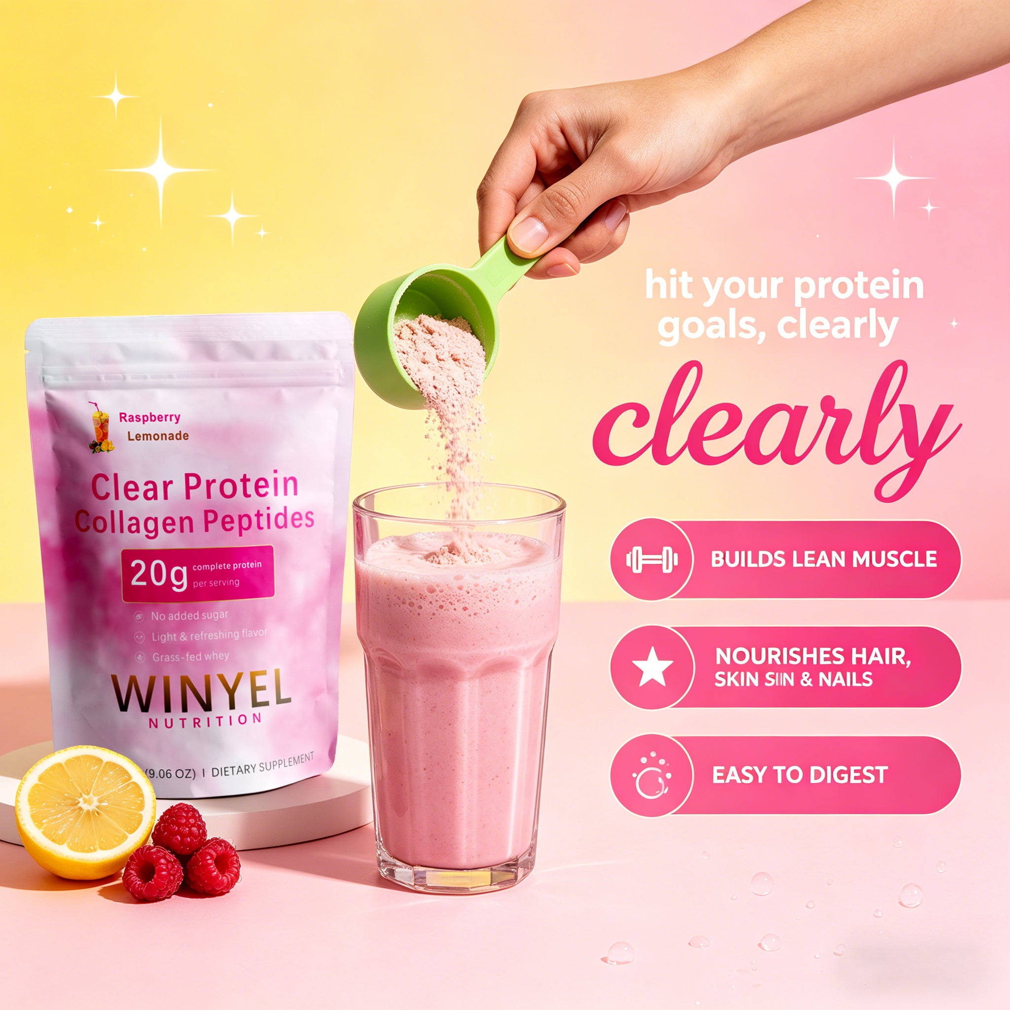WINYEL Nutrition Clear Protein Collagen Peptides, Raspberry Lemonade, 20g Protein, Zero Sugar, Grass-Fed Whey, 250g by Josla