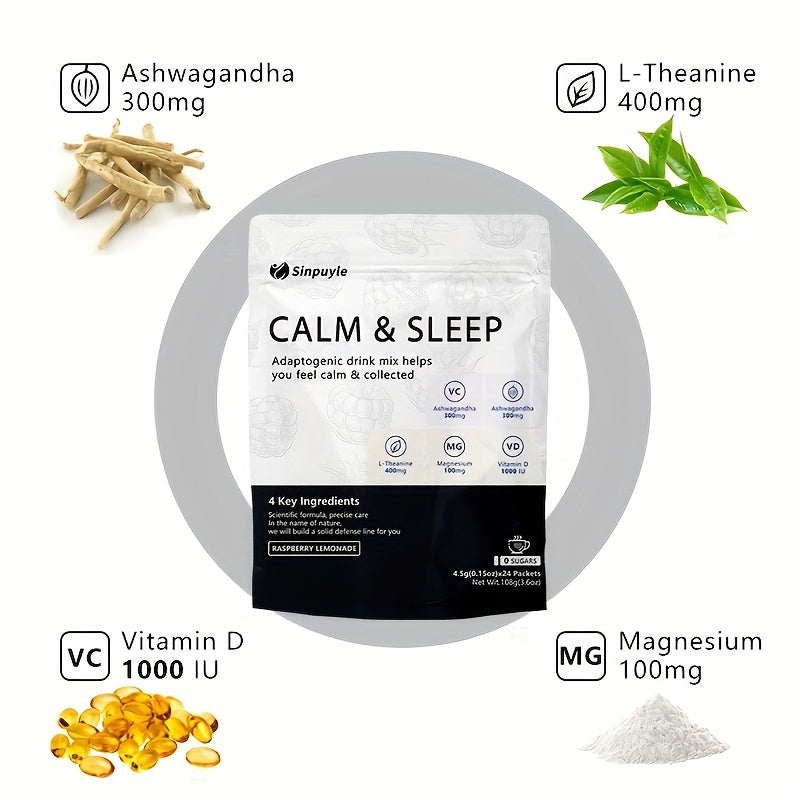 Calm & Sleep Adaptogenic Drink Mix - Raspberry Lemonade, 0 Sugars - L-Theanine, Ashwagandha & Magnesium For Relaxation & Rest, 24 Packets by Josla