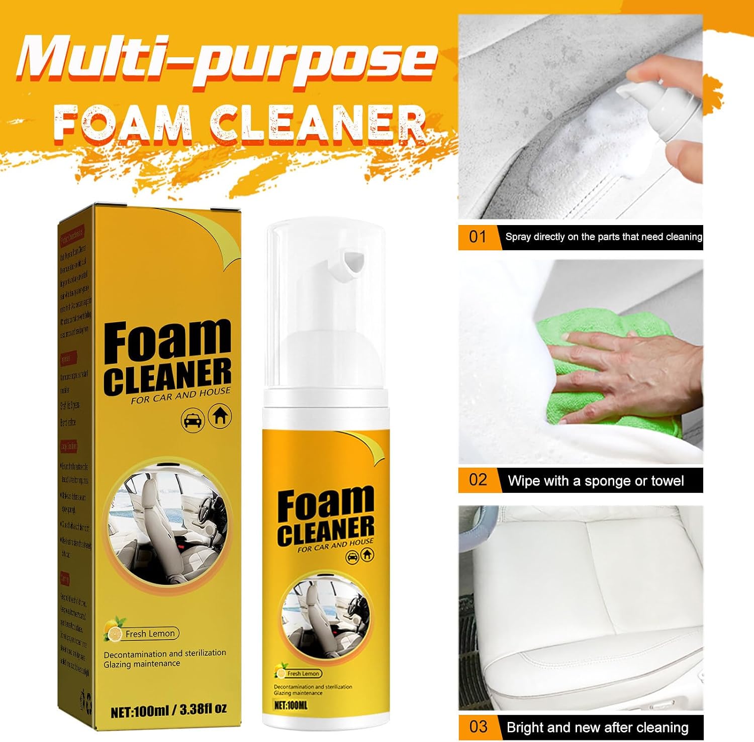 2Pcs Multipurpose Foam Cleaner Spray 100ml, Foam Cleaner For Car And House Lemon Flavor, All-Purpose Household Cleaners For Car And Kitchen by Josla