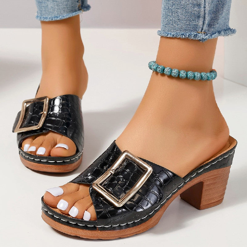 Fashion Crocodile-textured Buckle Sandals Square Chunky Heel Peep-toe Slides Slippers Women Shoes by Josla