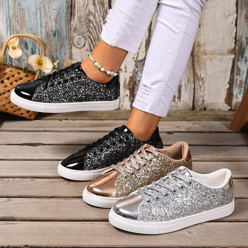 Plus Size Sequined Front Lace-up Solid Color Plus Size Board Shoes by Josla