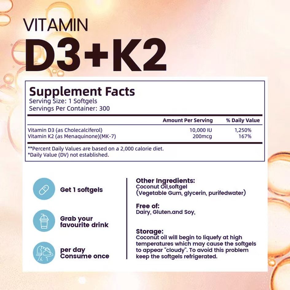 D3K2 Bone Health Softgels 300 Capsules With Clinically Validated Dosage Triple-Action Support For Joints Immunity Heart Health by Josla