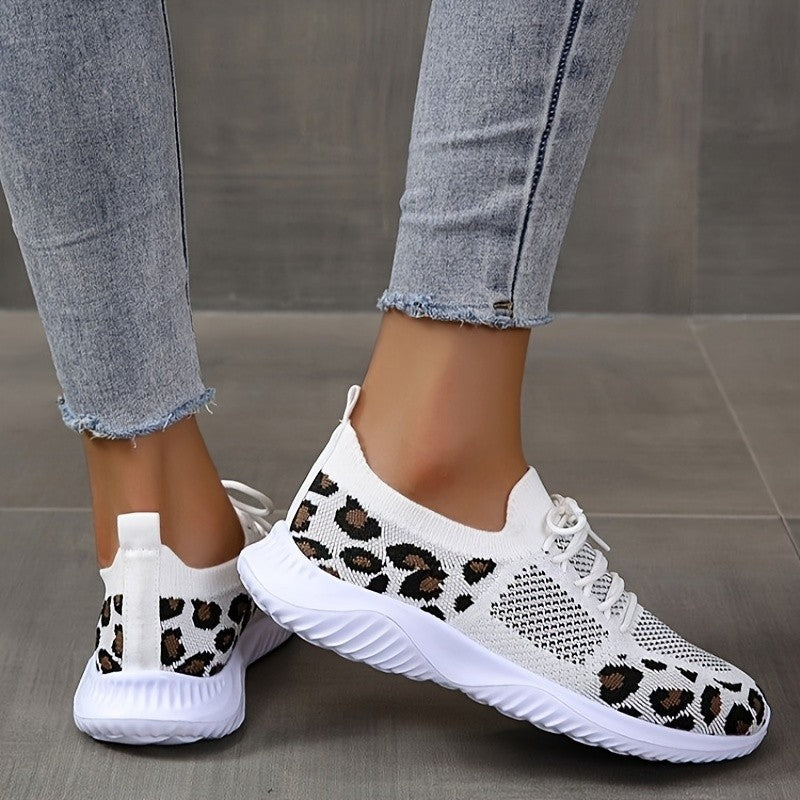 White Shoes Women Leopard Print Lace-up Sneakers Sports by Josla