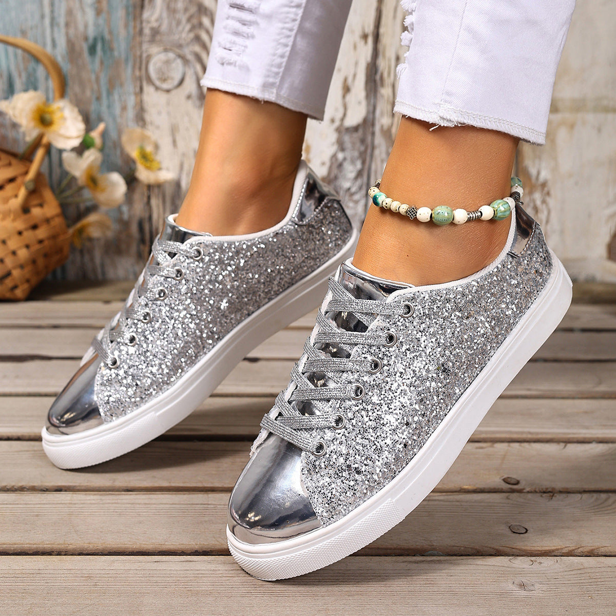Plus Size Sequined Front Lace-up Solid Color Plus Size Board Shoes by Josla