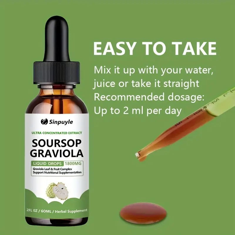 Soursop Graviola 1800mg Ultra Concentrated Liquid Drops - Leaf & Fruit Herbal Supplement, Immune Support, 60ml by Josla