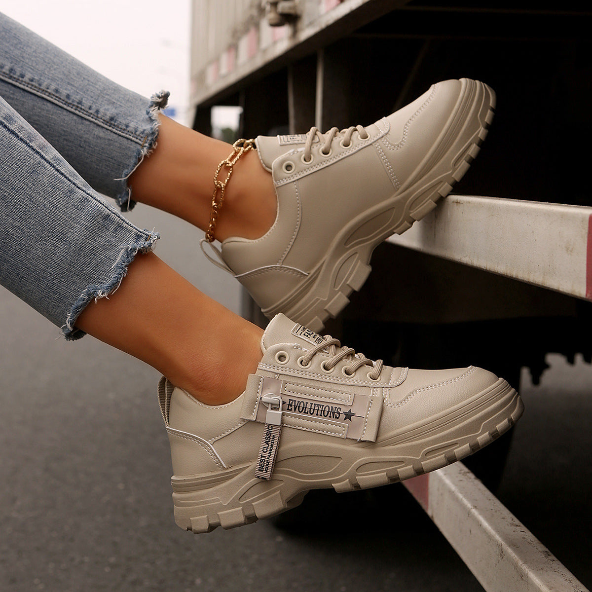 Lace-up Sports Shoes With Side-Zipper Design Fashion Thick-soled Round-toe Casual Shoes For Women Sneakers by Josla