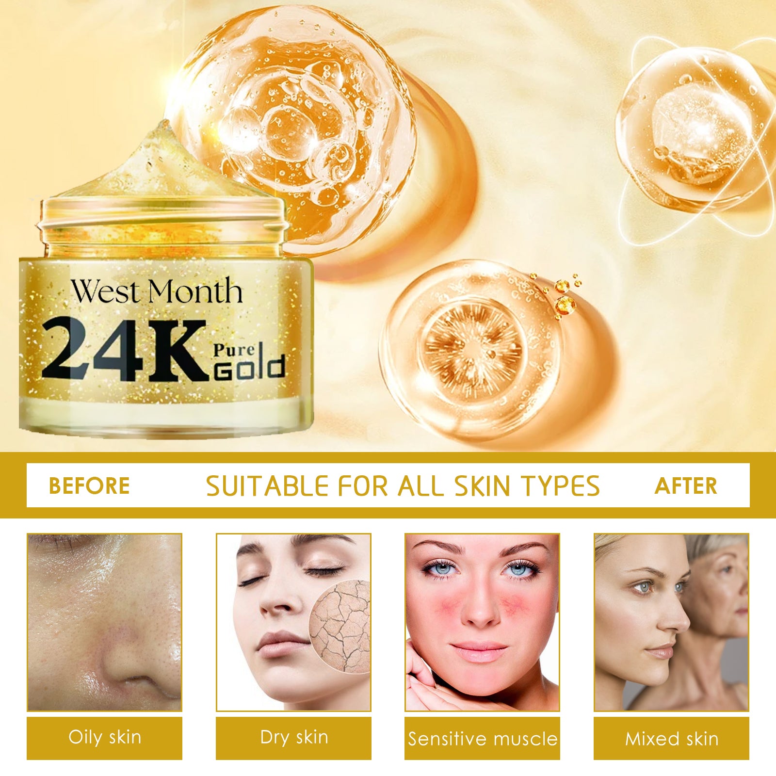West Month 24k Pure Gold Collagen Face Cream, Lighten Lines Brighten Skin, Firm And Anti-wrinkle Cream by Josla