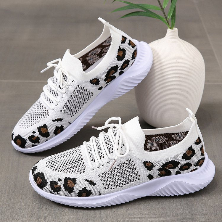 White Shoes Women Leopard Print Lace-up Sneakers Sports by Josla
