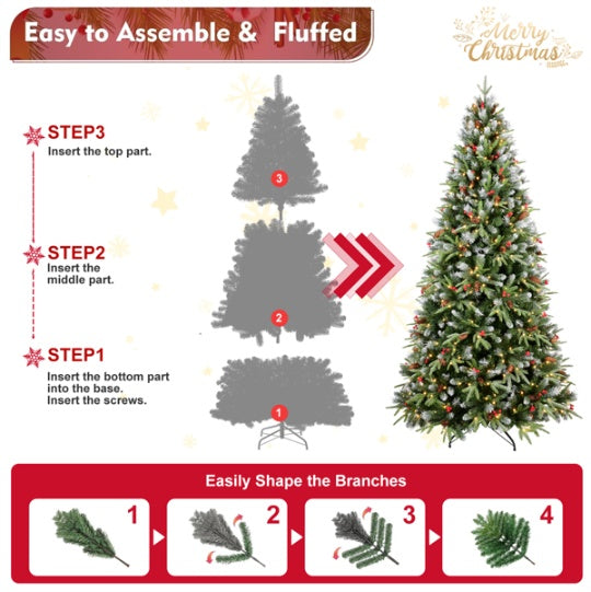 Artificial 5ft Green LED-lit Christmas Tree With 1113PE PVC Mixed Branch Tips,Red Fruit And Pine Cone,Hinged Premium & Foldable Base For Indoor Holiday Decorating by Josla