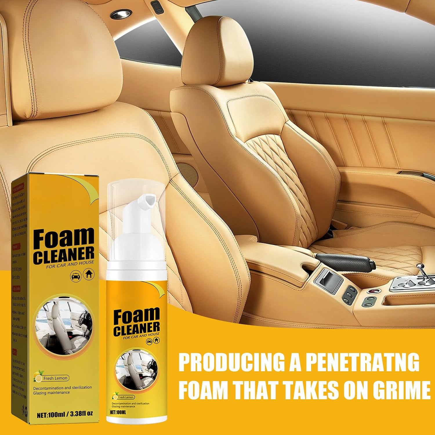 2Pcs Multipurpose Foam Cleaner Spray 100ml, Foam Cleaner For Car And House Lemon Flavor, All-Purpose Household Cleaners For Car And Kitchen by Josla