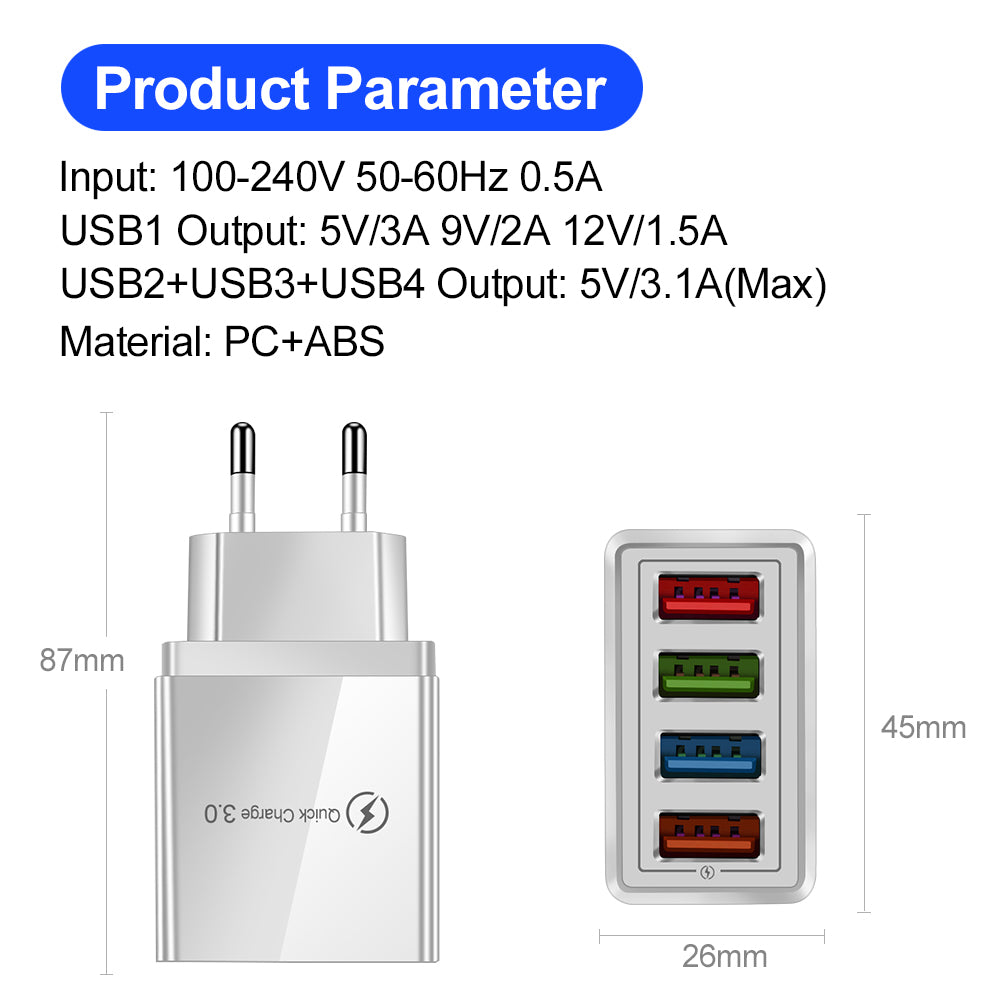 USB Charger Quick Charge 3.0 4 Phone Adapter For Tablet Portable Wall Mobile Charger Fast Charger by Josla