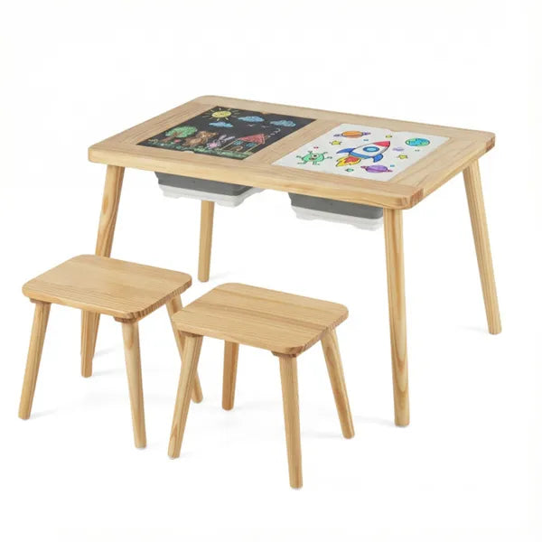 All-in-One Kids Activity Table And Chairs Set, Pine Wood Sensory Table With Foldable Storage Bins, Chalkboard & Whiteboard For Ages 3+ by Josla