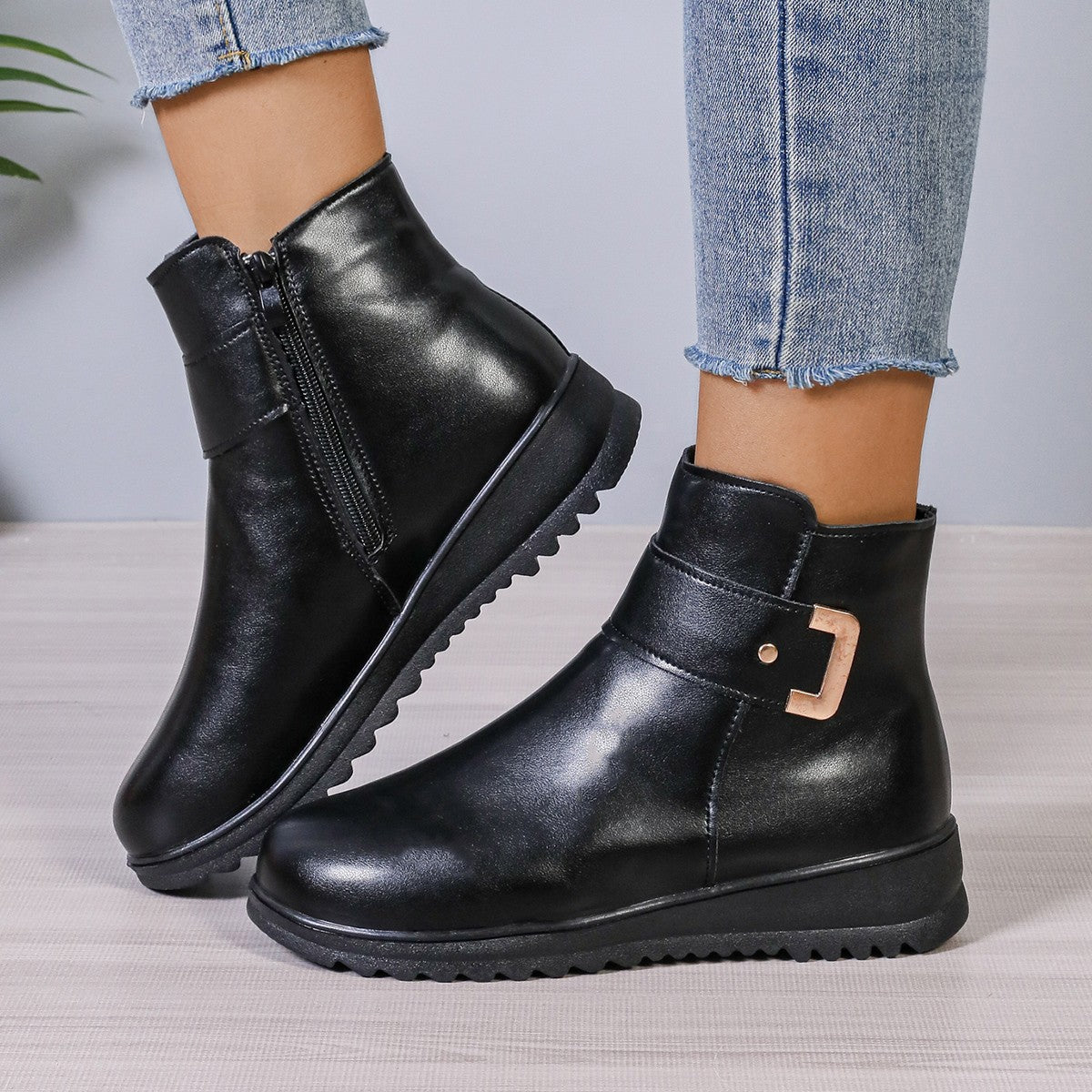 Winter Fleece Boots With Side Zipper Design Fashion Simple Non-slip Ankle Boots For Women Warm Pu Leather Shoes by Josla