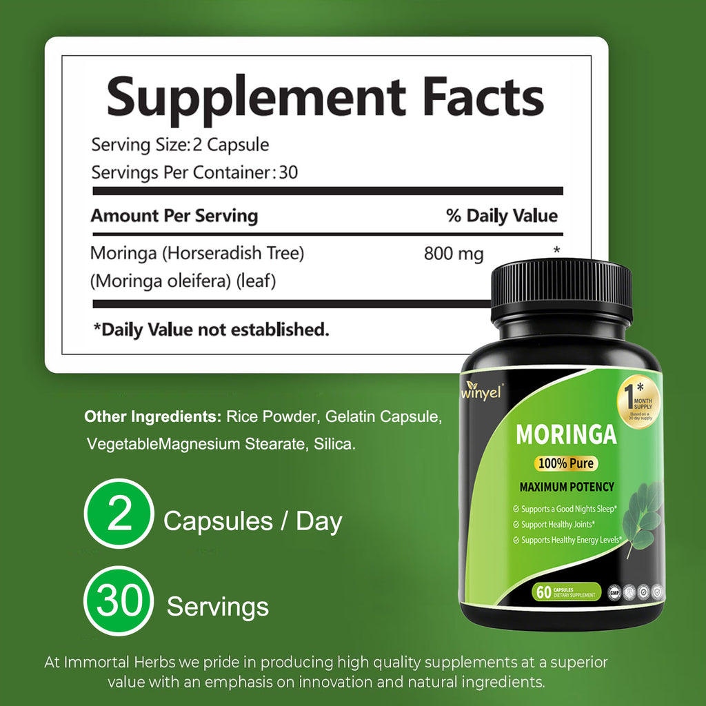 Pure Moringa Capsules - High Potency, Health & Fitness With Essential Vitamins & Amino Acids - 60 Capsules by Josla