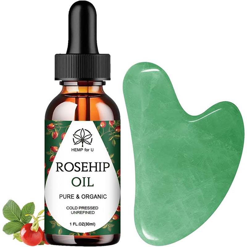 Gua Sha Massage Tools & Rosehip Oil In One Set, Nature Jade Stone Facial Gua Sha Products For Skin Massage, Beauty And Moisturizing , With Nice Travel Pouch by Josla