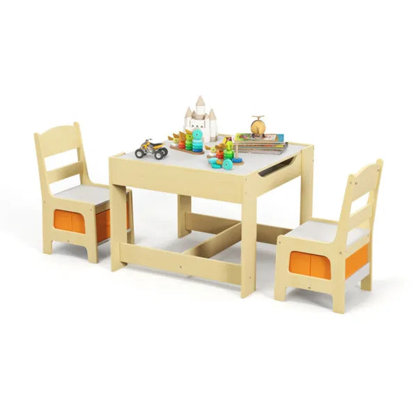 2-in-1 Kids Activity Table And Chairs Set, Double-Sided Whiteboard & Blackboard, With Hidden Storage, Certified Non-Toxic MDF, Perfect Gift For 3-7 Years Old (Natural) by Josla