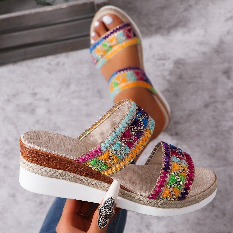 Fashion Wavy Pattern Woven Sandals Summer Casual Ethnic Style Slippers Linen Bottom Wide Strap Wedges Shoes For Women by Josla