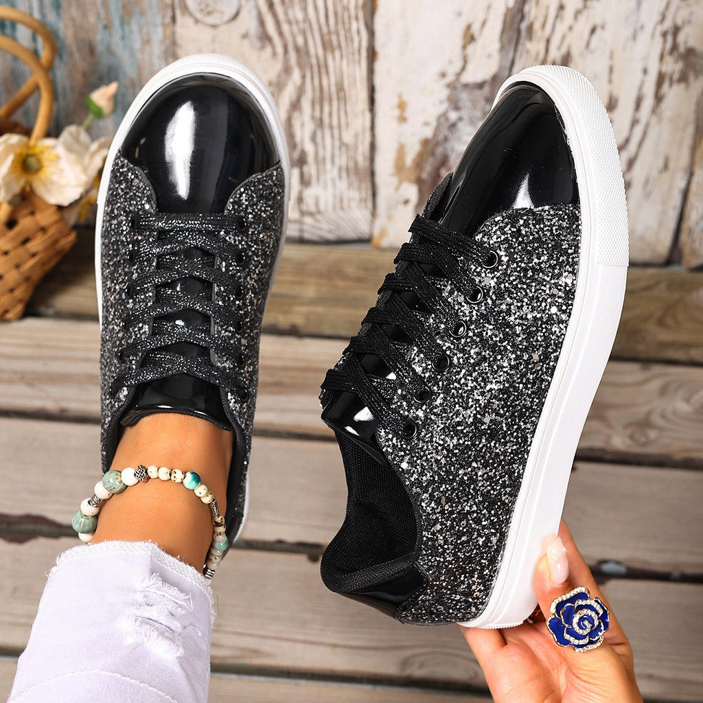 Plus Size Sequined Front Lace-up Solid Color Plus Size Board Shoes by Josla
