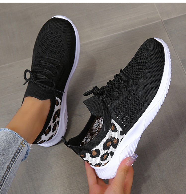 White Shoes Women Leopard Print Lace-up Sneakers Sports by Josla
