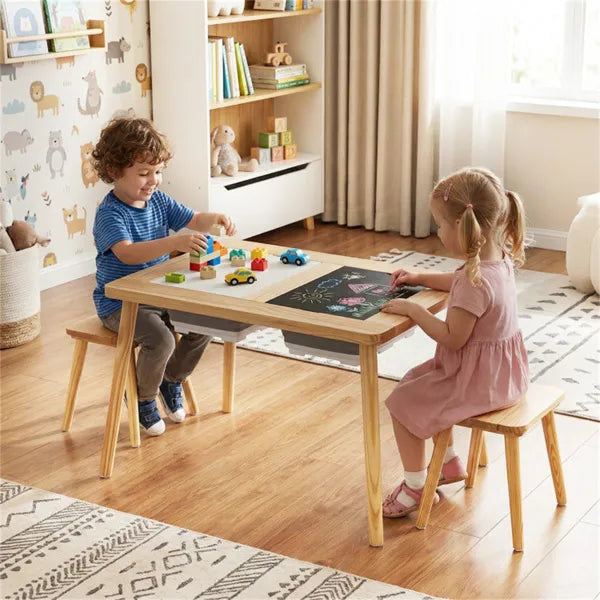 All-in-One Kids Activity Table And Chairs Set, Pine Wood Sensory Table With Foldable Storage Bins, Chalkboard & Whiteboard For Ages 3+ by Josla