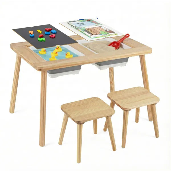 All-in-One Kids Activity Table And Chairs Set, Pine Wood Sensory Table With Foldable Storage Bins, Chalkboard & Whiteboard For Ages 3+ by Josla