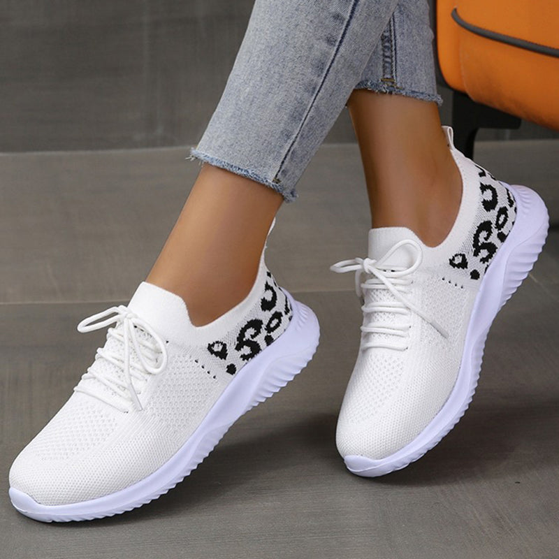 White Shoes Women Leopard Print Lace-up Sneakers Sports by Josla