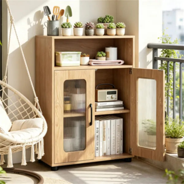 Natural Modern Engineered Wood Bathroom Cabinet With Open Compartment, Anti-Toppling Tall Storage Cabinet With Magnetic Door Catch For Living Room Entryway by Josla