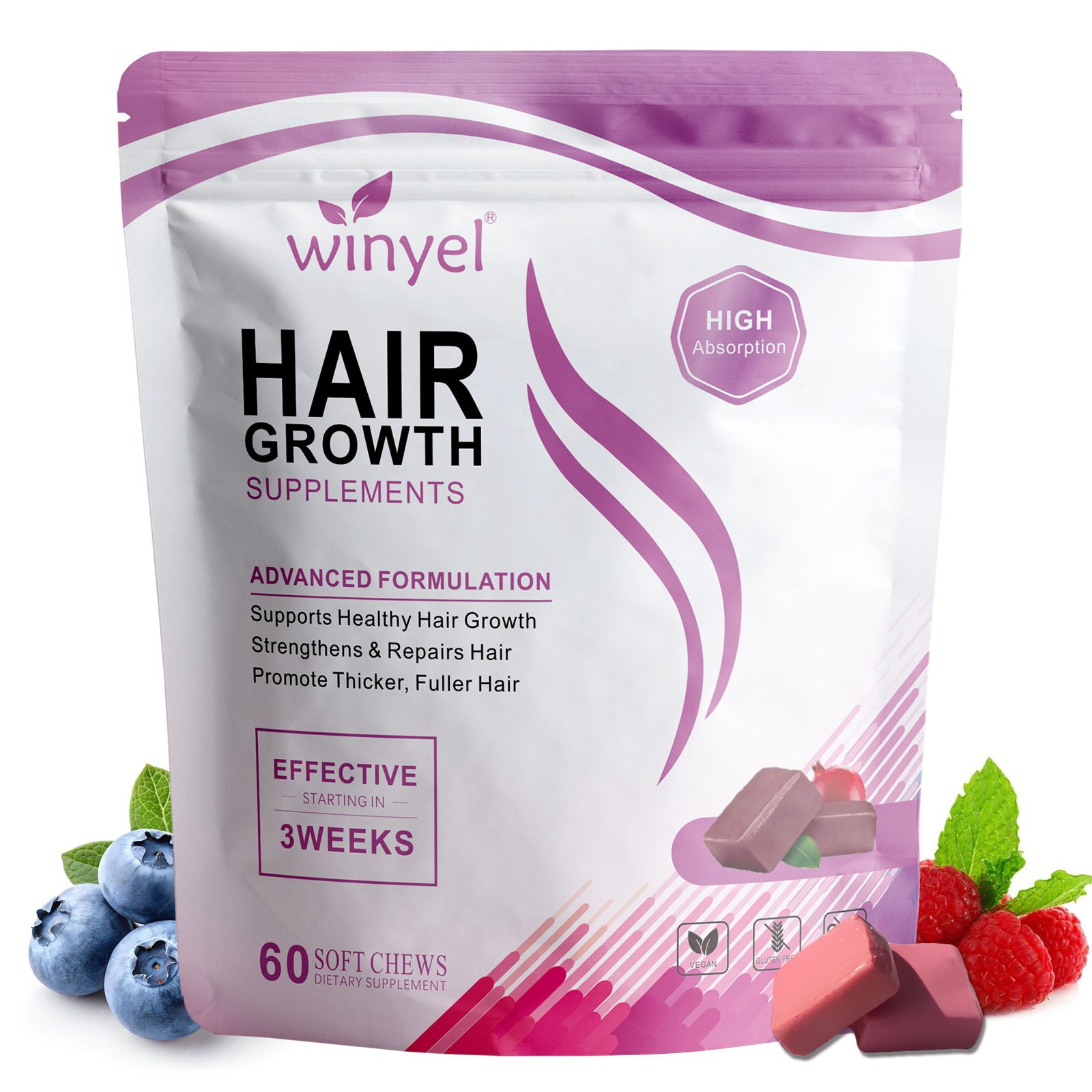 WINYEL Hair Growth Soft Chewables, Containing Hair Growth Vitamins For Men And Women, Biotin, To Help Create Thicker, Fuller, And Stronger Hair, Mixed Berries, 60 Soft Chewables. by Josla