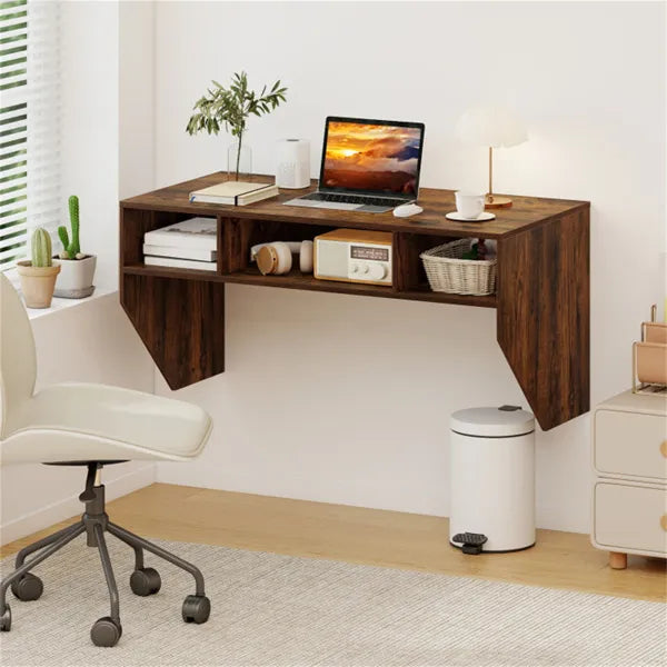 Rustic Brown Wall-Mounted Floating Computer Desk With 3-Cube Storage, Sturdy Wooden Workstation For Home Office by Josla