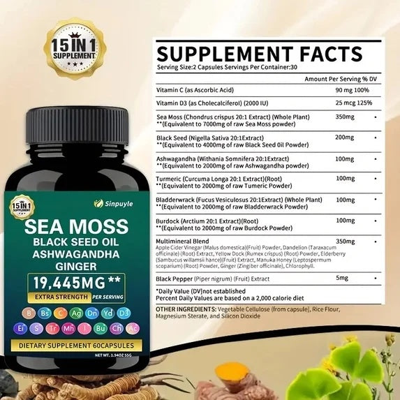 15-in-1 Sea Moss & 8-in-1 Shilajit Ashwagandha Supplement Bundle Energy Mood Support 60 Capsules Each by Josla