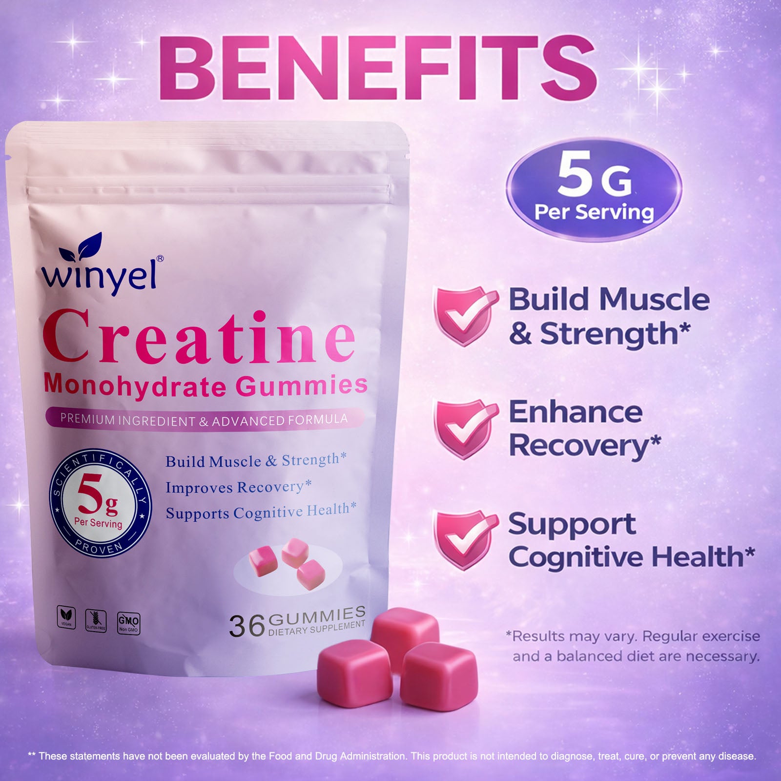 Creatine Monohydrate Gummies, 5 Grams Per Serving, Sugar-free Creatine Gummies, Suitable For Workouts, Strength, Cognitive Health, And Muscle Support, Gluten-free, Berry-enhanced, 36 Gummies. by Josla