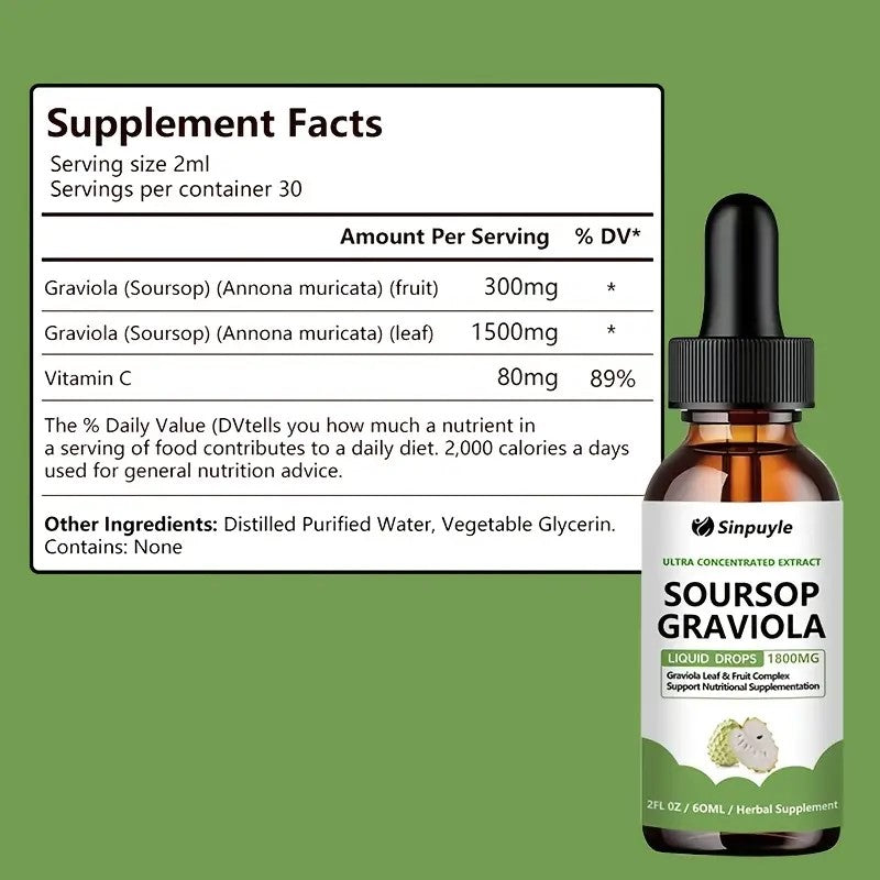 Soursop Graviola 1800mg Ultra Concentrated Liquid Drops - Leaf & Fruit Herbal Supplement, Immune Support, 60ml by Josla