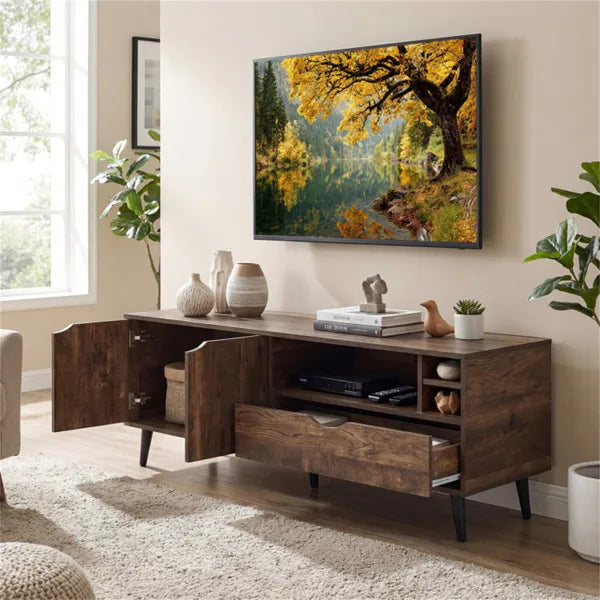 59" Rustic TV Stand For 65-inch TVs, Media Console With Cabinet, Drawer & 3 Open Shelves by Josla