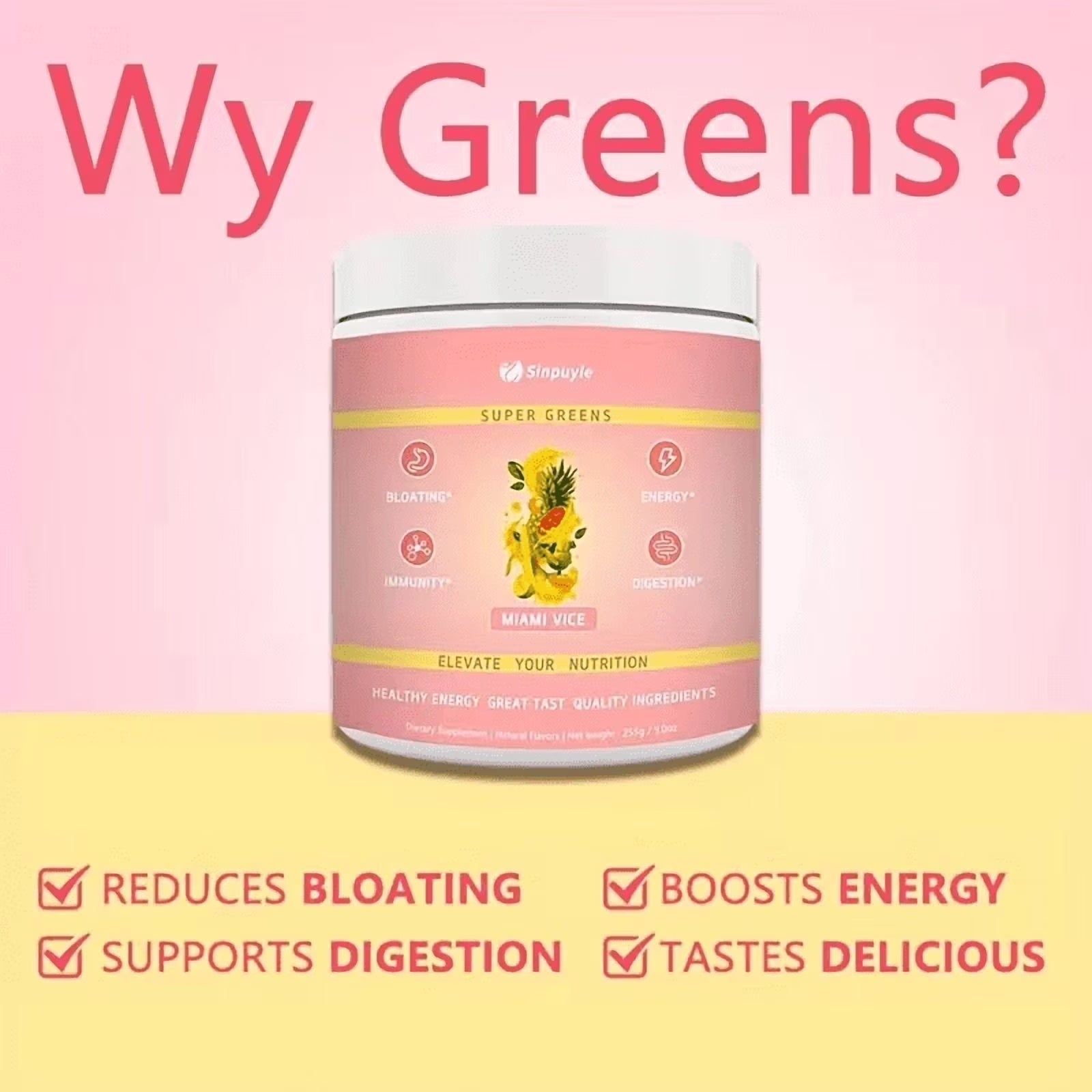 Super Greens Powder Miami Vice Flavor 255g Natural Daily Greens Supplement Supports Energy Digestion Immunity Bloating Relief by Josla