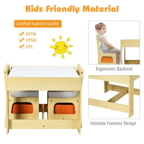 2-in-1 Kids Activity Table And Chairs Set, Double-Sided Whiteboard & Blackboard, With Hidden Storage, Certified Non-Toxic MDF, Perfect Gift For 3-7 Years Old (Natural) by Josla
