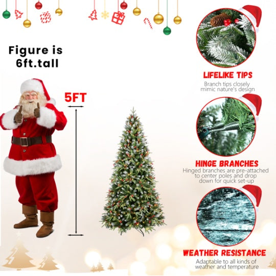 Artificial 5ft Green LED-lit Christmas Tree With 1113PE PVC Mixed Branch Tips,Red Fruit And Pine Cone,Hinged Premium & Foldable Base For Indoor Holiday Decorating by Josla