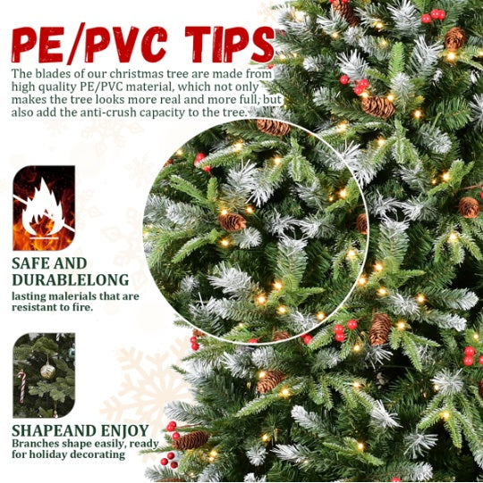 Artificial 5ft Green LED-lit Christmas Tree With 1113PE PVC Mixed Branch Tips,Red Fruit And Pine Cone,Hinged Premium & Foldable Base For Indoor Holiday Decorating by Josla