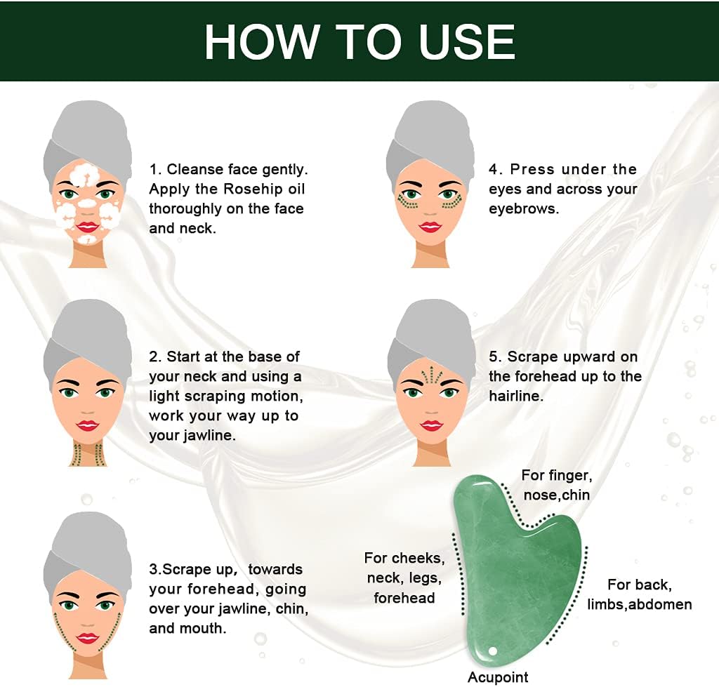Gua Sha Massage Tools & Rosehip Oil In One Set, Nature Jade Stone Facial Gua Sha Products For Skin Massage, Beauty And Moisturizing , With Nice Travel Pouch by Josla