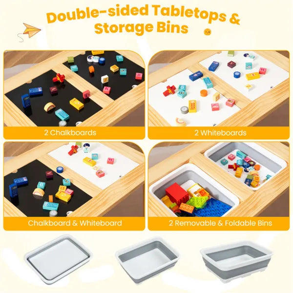 All-in-One Kids Activity Table And Chairs Set, Pine Wood Sensory Table With Foldable Storage Bins, Chalkboard & Whiteboard For Ages 3+ by Josla