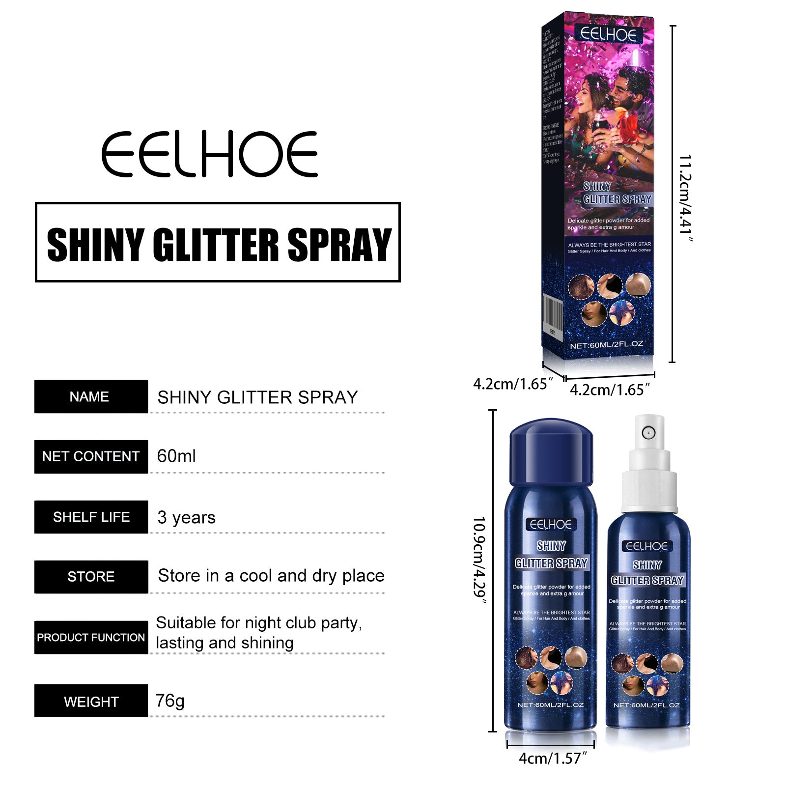 Shiny Glitter Spray, Body Hair Clothes Highlight Shimmer Spray For Halloween Club Party, Long Lasting Sparkle Glitter For Skin Outfits, 60ML by Josla