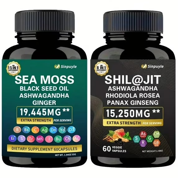 15-in-1 Sea Moss & 8-in-1 Shilajit Ashwagandha Supplement Bundle Energy Mood Support 60 Capsules Each by Josla