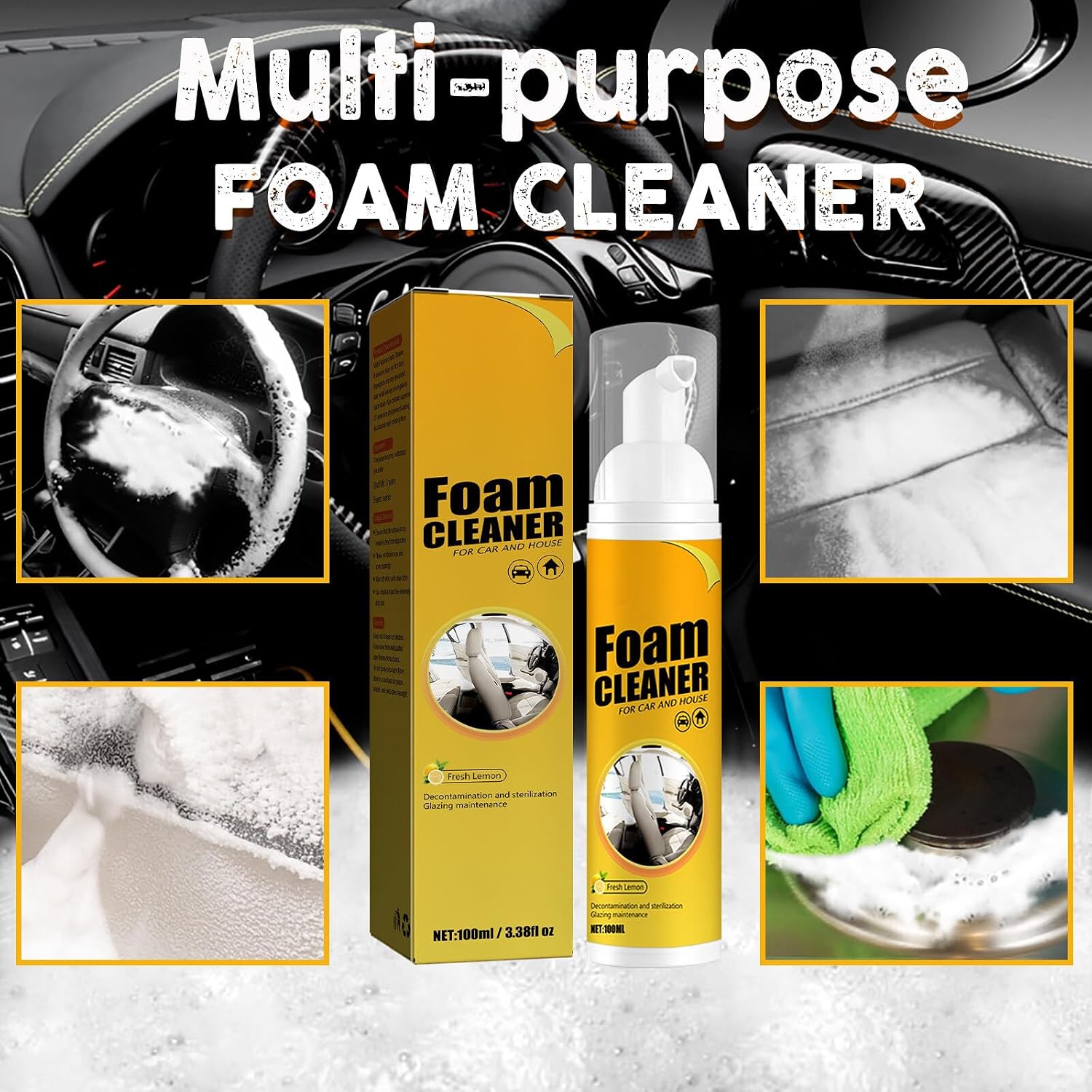 2Pcs Multipurpose Foam Cleaner Spray 100ml, Foam Cleaner For Car And House Lemon Flavor, All-Purpose Household Cleaners For Car And Kitchen by Josla